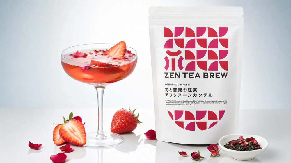 紅茶カクテル：苺と薔薇を添えたルビー色の紅茶カクテル