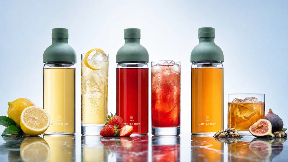三種類のティーカクテルとZEN TEA BREWのボトル